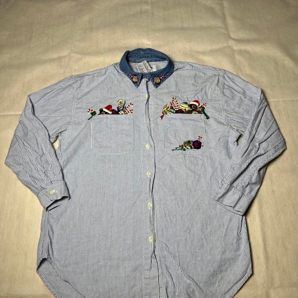 Christmas cotton button up shirt with embroidered Christmas-themed designs